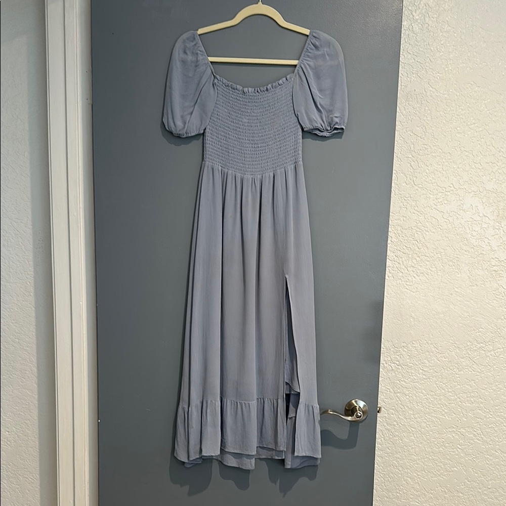Reformation mineral Elegant Blue Puff Sleeve Dress